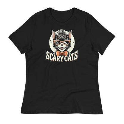 Black women's t-shirt featuring a retro Halloween design with a cool cat in a 1950s greaser style, wearing a jack-o-lantern bow tie. The text 'Scary Cats' is displayed in vintage Halloween font.