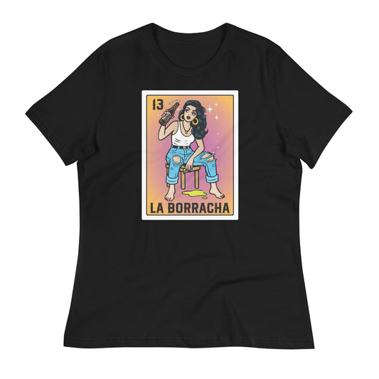 Front view of a black 'La Borracha' Loteria-inspired t-shirt, featuring a drunk woman holding a beer bottle with bright colors.