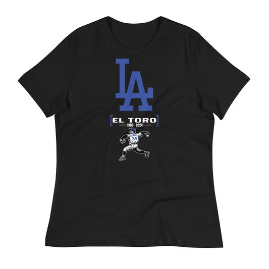 Women's relaxed-fit black t-shirt showcasing a clean, graphic tribute to "El Toro" in blue and white. The design features a bold baseball graphic highlighting a classic pitching motion, perfect for fans looking to celebrate this legendary player.