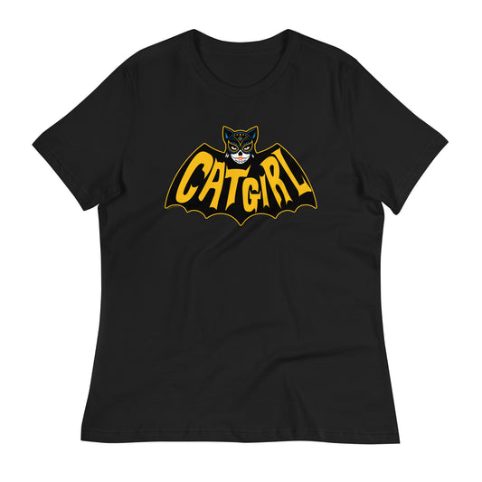 Black t-shirt featuring a Dia de los Muertos-inspired Catgirl design, with bold yellow text and a vintage mask graphic in black and blue."