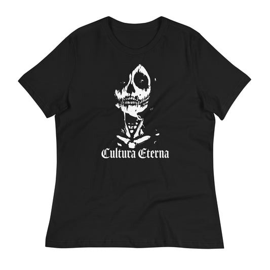 Flat lay of the Cultura Eterna t-shirt in black, showcasing the bold Dia de los Muertos skeleton design and gothic lettering.