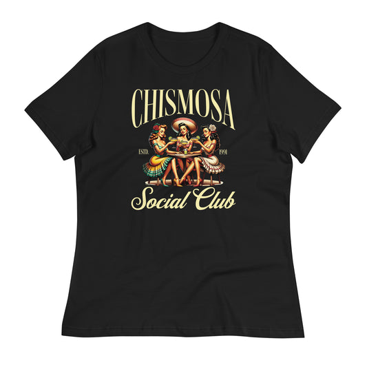 Black t-shirt laid flat showcasing the design of pin-up women sitting at a table, holding margarita, surrounded by the text “Chismosa Social Club"