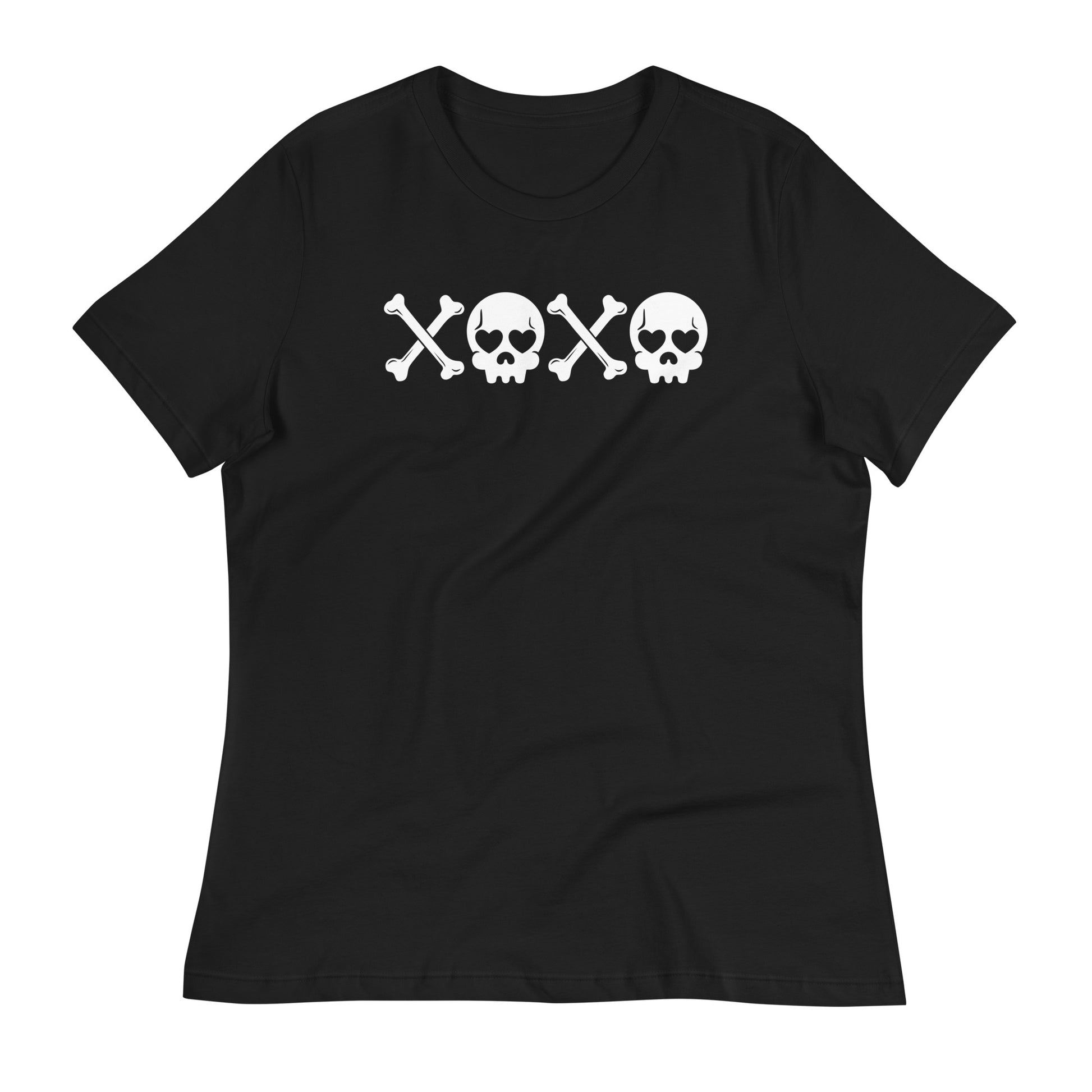 Laid flat against a white background of a black tshirt with XOXO made of skulls and bones.