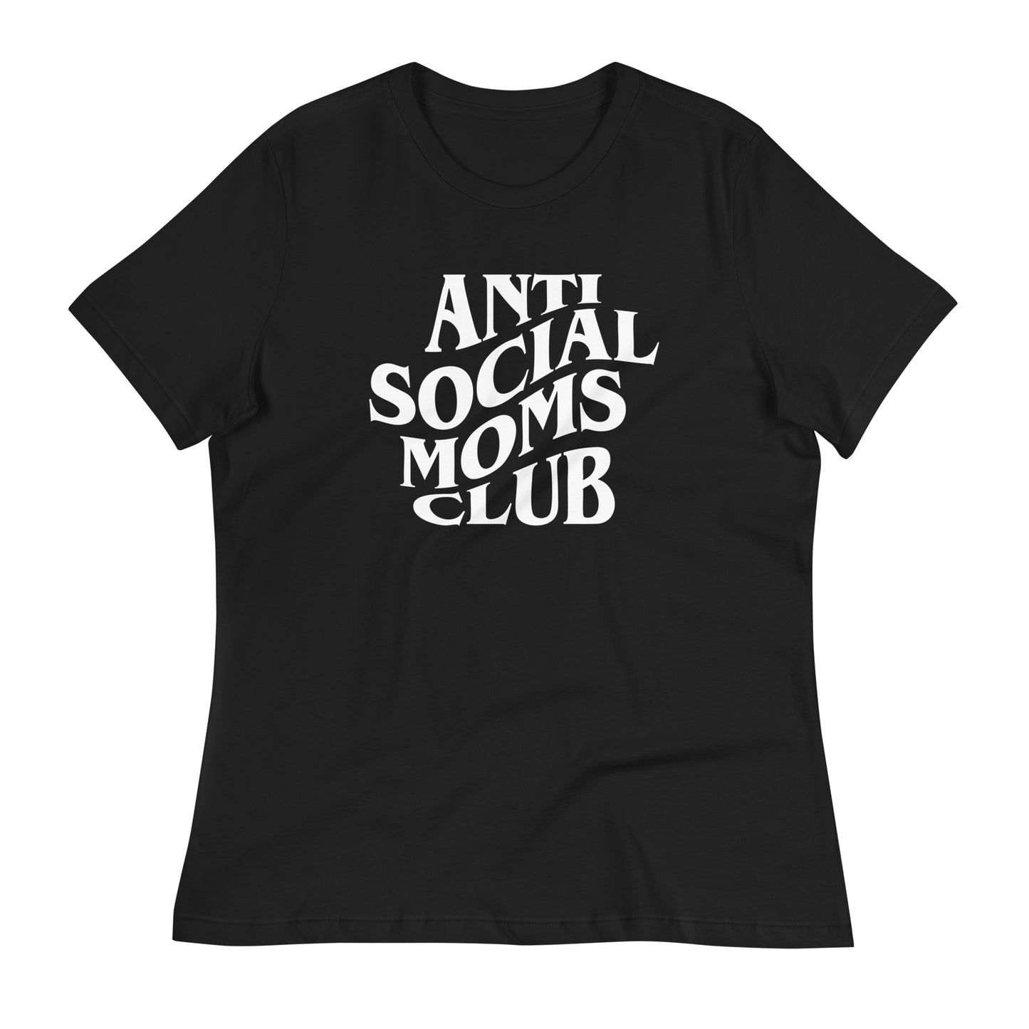 A black tshirt laid flat against a white background with the text "Anti Social Moms Cub".