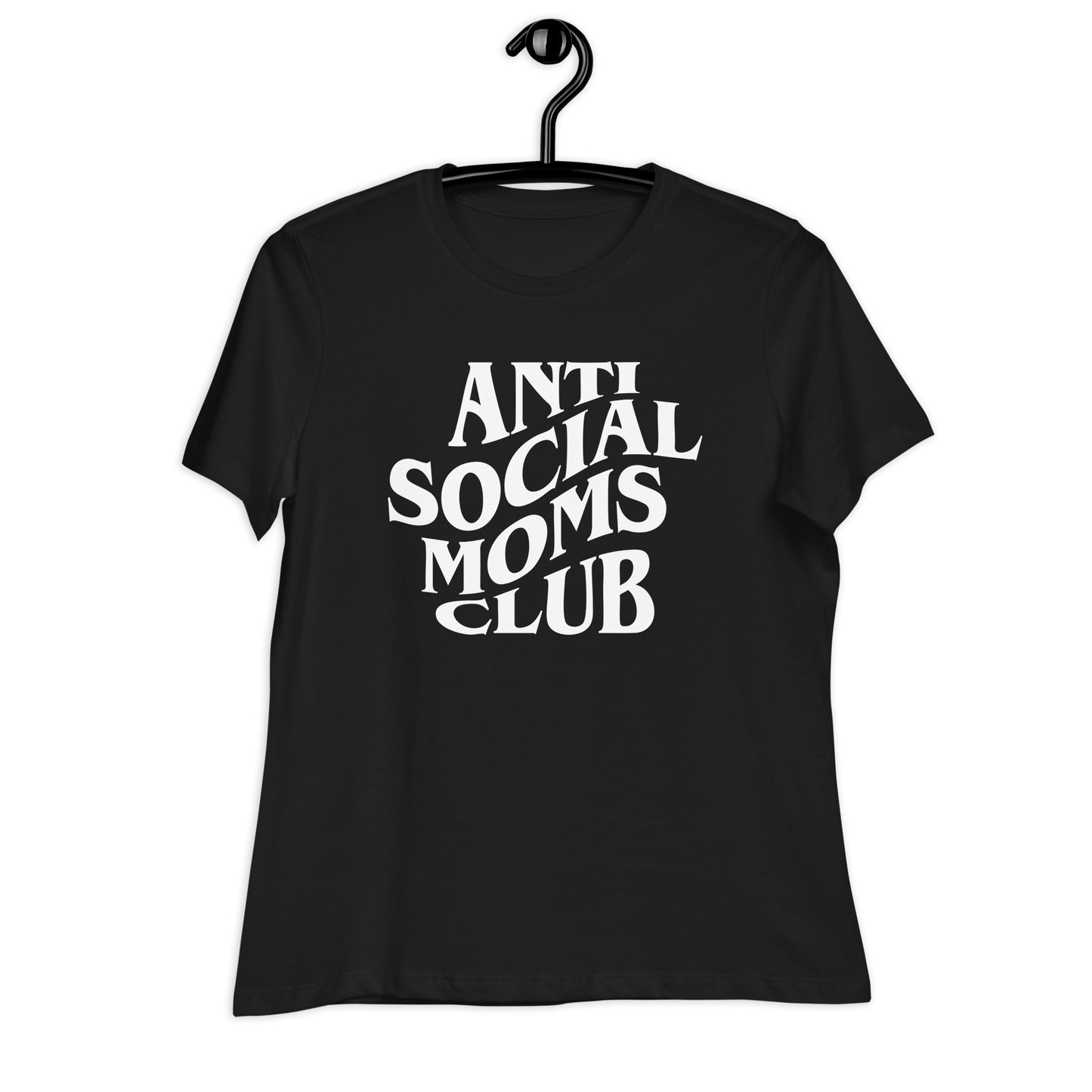 A black tshirt on a hanger with the text "Anti Social Moms Cub".