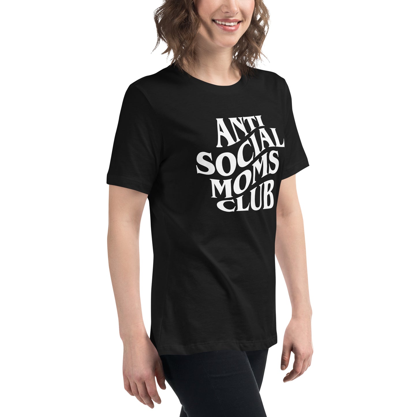 A young woman posing in a black tshirt with the words "Anti Social Moms Club".