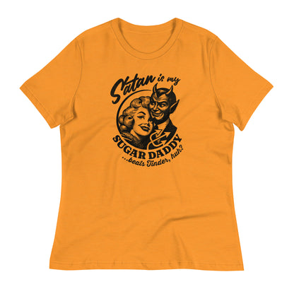 Women's relaxed fit t-shirt in Heather Marmalade, featuring the playful 'Satan is My Sugar Daddy' graphic design."