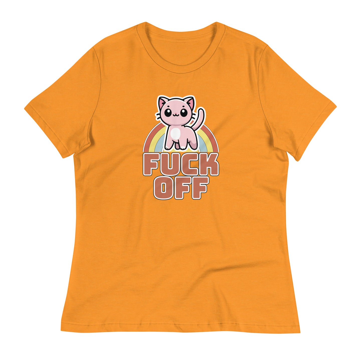 Cute Kitten 'F*** Off' Women's T-Shirt in Heather Marmalade, displaying a cartoon kitten graphic with a rainbow backdrop and bold lettering.