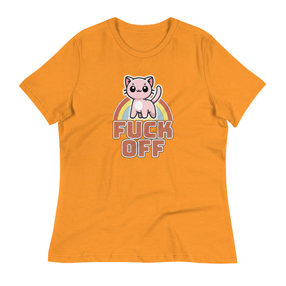 Cute Kitten 'F*** Off' Women's T-Shirt in Heather Marmalade, displaying a cartoon kitten graphic with a rainbow backdrop and bold lettering.