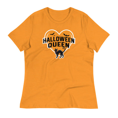 Halloween Queen' Women’s T-Shirt in Heather Marmalade, showcasing a festive orange heart, black cat, and bat design for a Halloween-themed look.