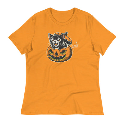 Vampire Kitten Halloween T-Shirt in Heather Marmalade, featuring a playful vampire kitten popping out of a jack-o'-lantern. Perfect for adding spooky yet cute vibes to your Halloween wardrobe.