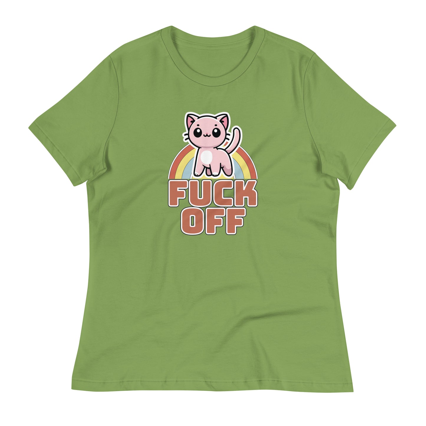 Cute Kitten 'F*** Off' Women's T-Shirt in Leaf green, featuring a fun kitten graphic with a rainbow and bold statement text.