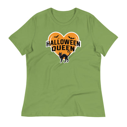 Halloween Queen' Women’s T-Shirt in Leaf green, featuring a unique orange heart graphic with a black cat and bats, adding a playful touch to any outfit.