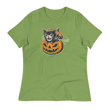 Vampire Kitten Halloween T-Shirt in Leaf, showcasing a cute vampire kitten inside a jack-o'-lantern design. A fun addition to your Halloween-themed apparel.