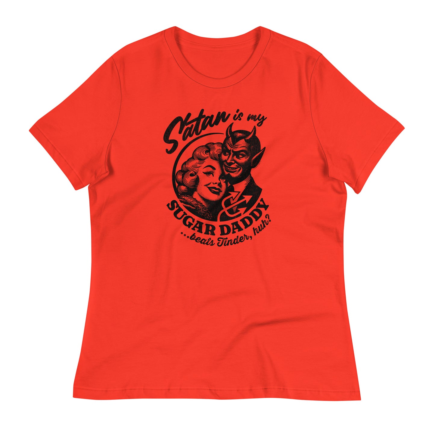 Women's relaxed fit t-shirt in Poppy Red with a vintage-inspired 'Satan is My Sugar Daddy' graphic design.