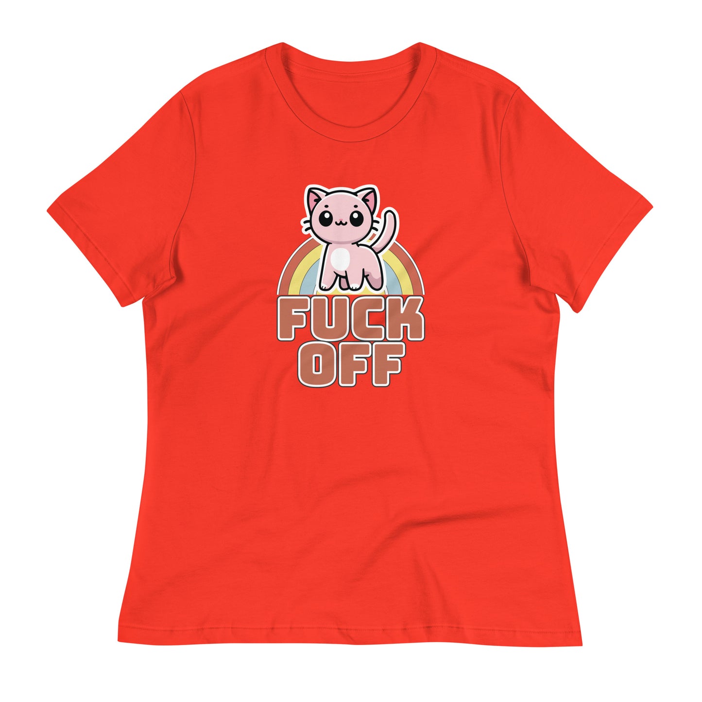 Cute Kitten 'F*** Off' Women's T-Shirt in Poppy red, with a cute kitten illustration and retro-style rainbow graphic, paired with a bold text.