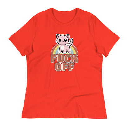 Cute Kitten 'F*** Off' Women's T-Shirt in Poppy red, with a cute kitten illustration and retro-style rainbow graphic, paired with a bold text.