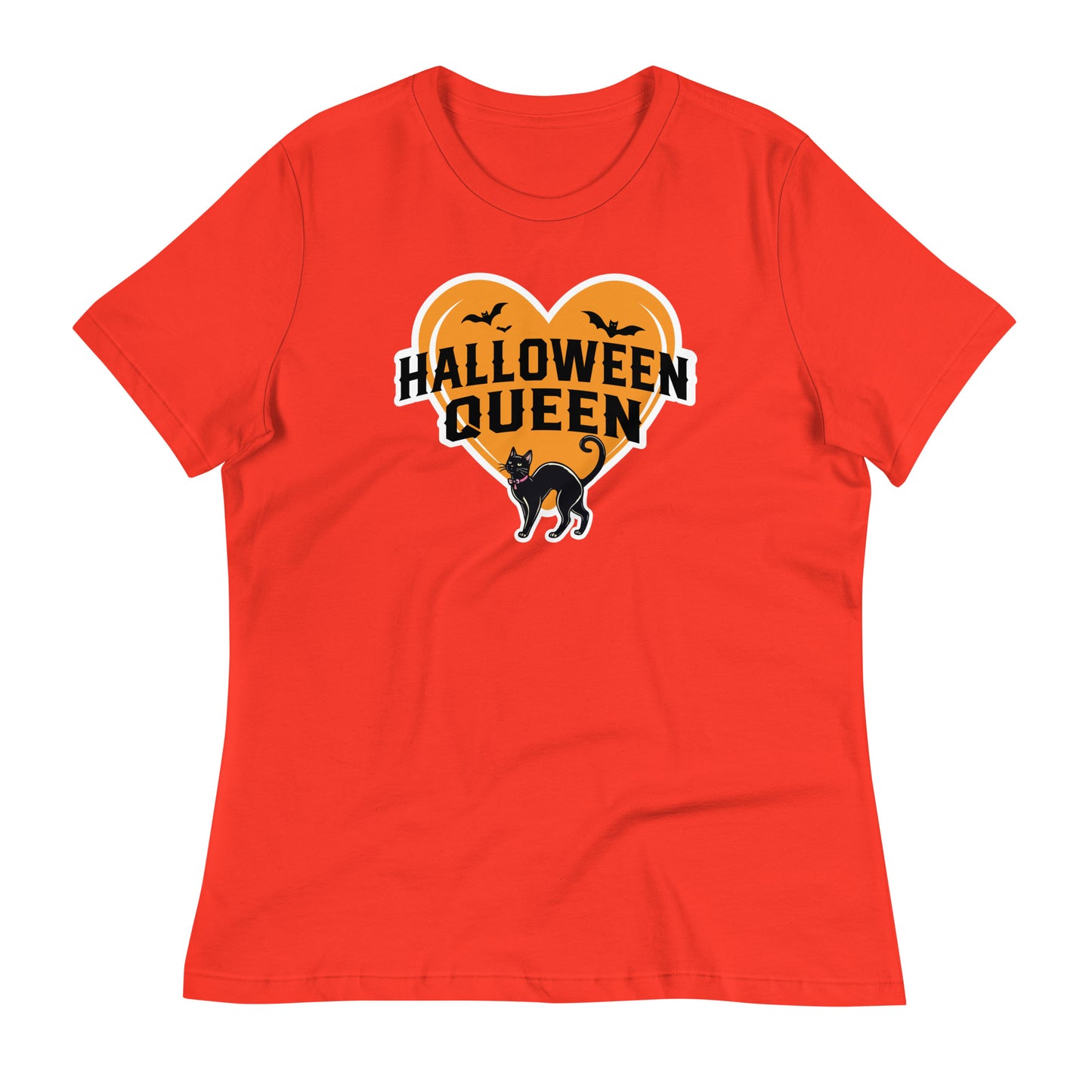 Halloween Queen' Women’s T-Shirt in vibrant Poppy red, complete with a cute black cat, bats, and orange heart design for a fun and festive look.