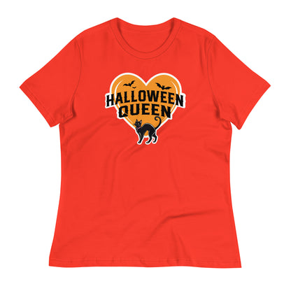 Halloween Queen' Women’s T-Shirt in vibrant Poppy red, complete with a cute black cat, bats, and orange heart design for a fun and festive look.