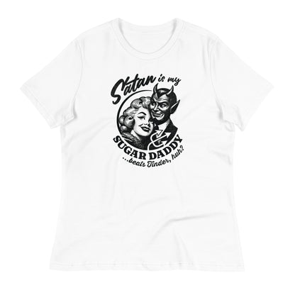 Women's relaxed fit t-shirt in White, showcasing a 'Satan is My Sugar Daddy' design with a devil and woman graphic in black.