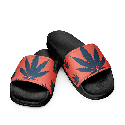 "Stylish Women's Mary Jane Faux Leather Slides with Orange Base and Blue Marijuana Leaves - Comfortable and Trendy"