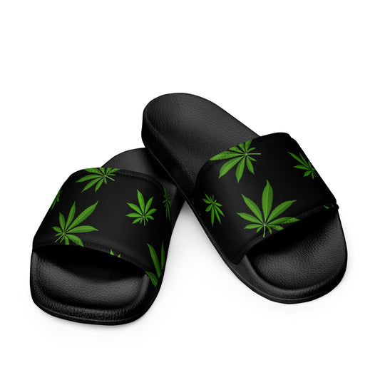 "Stylish Women's Kush Queen Faux Leather Slides with Black Base and Green Marijuana Leaves - Comfortable and Trendy"