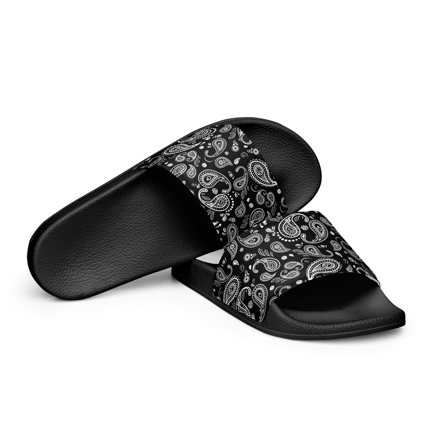 Comfortable women's slides with black and white paisley design.