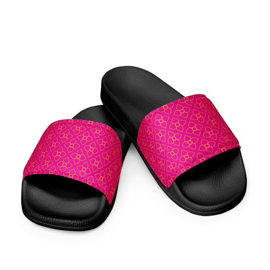 Stylish Women's Bella Vita Faux Leather Slides with Pink Base and Gold Floral Pattern - Comfortable and Trendy"