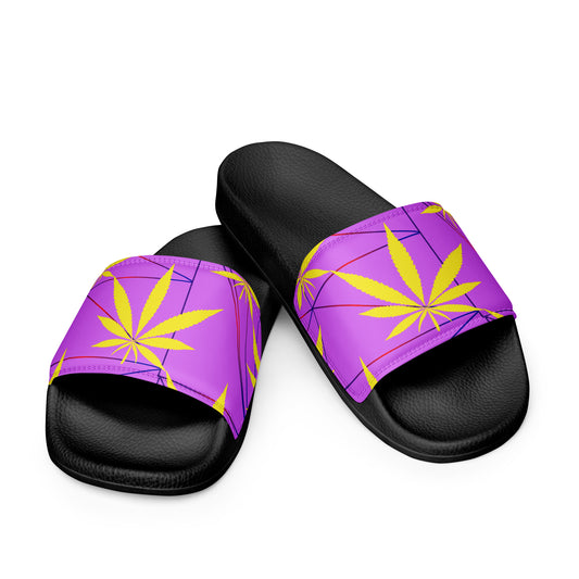 "Stylish Women's Purple Haze Faux Leather Slides with Purple Base and Gold Marijuana Leaves - Comfortable and Trendy"