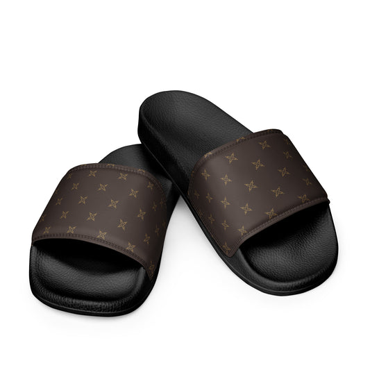 "Stylish Women's Oro Lux Faux Leather Slides with Brown Base and Gold Luxury Pattern - Comfortable and Trendy"