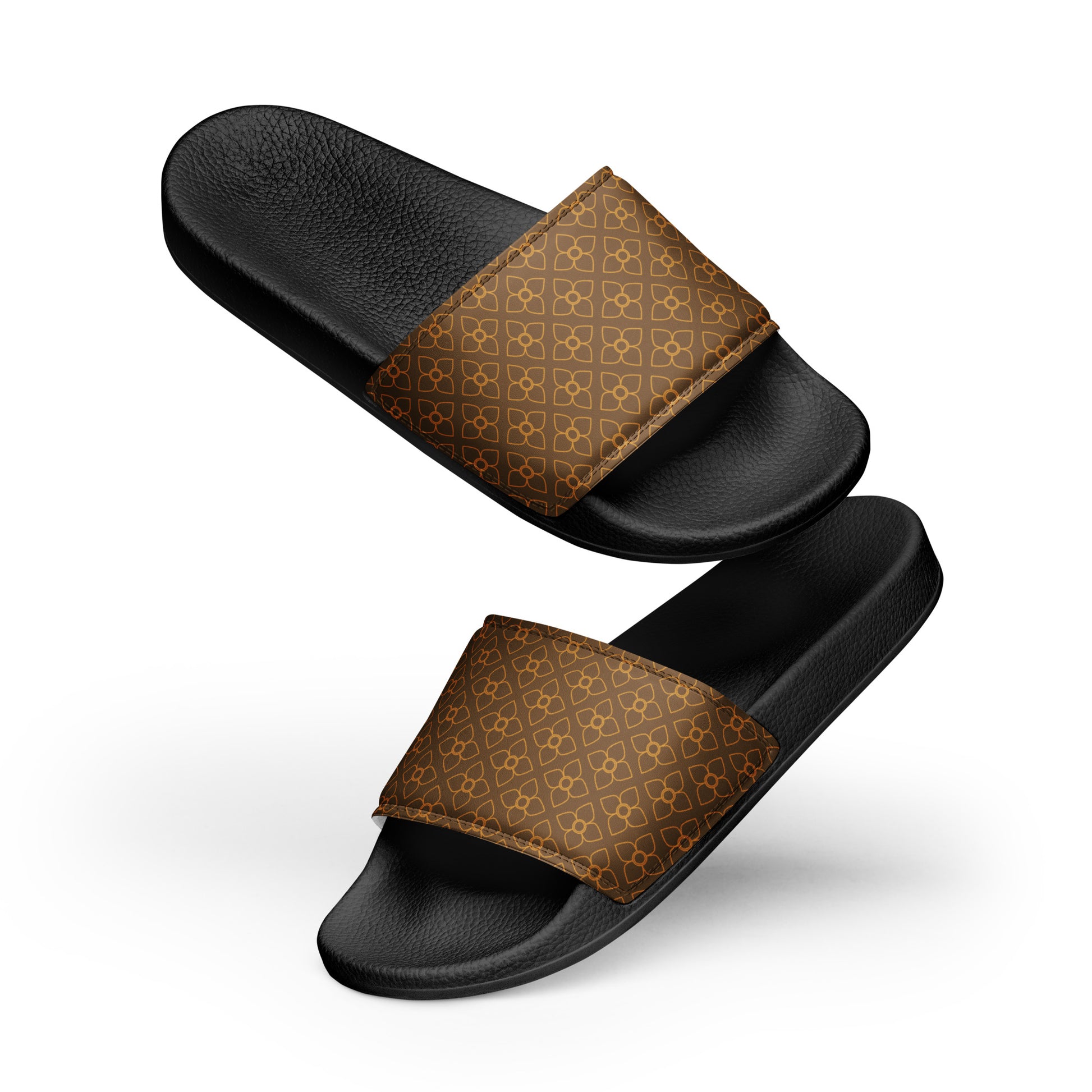 Elegant Oro Flor Faux Leather Slides for Women - Brown Base with Gold Floral Design"