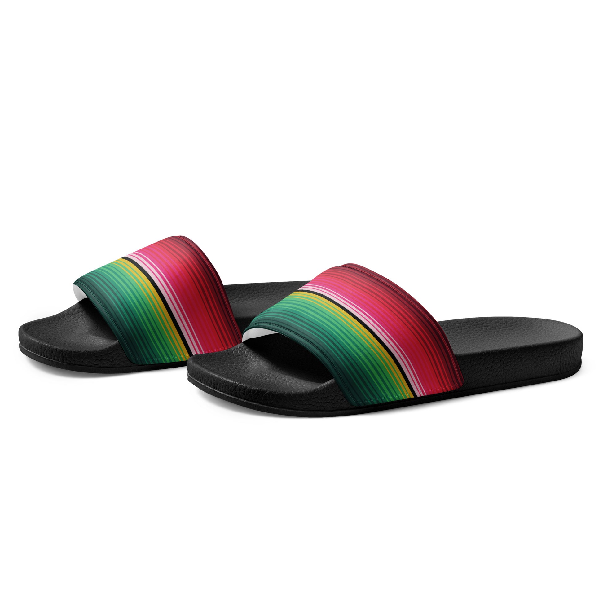 "Close-up of the serape pattern on durable faux leather sandals."