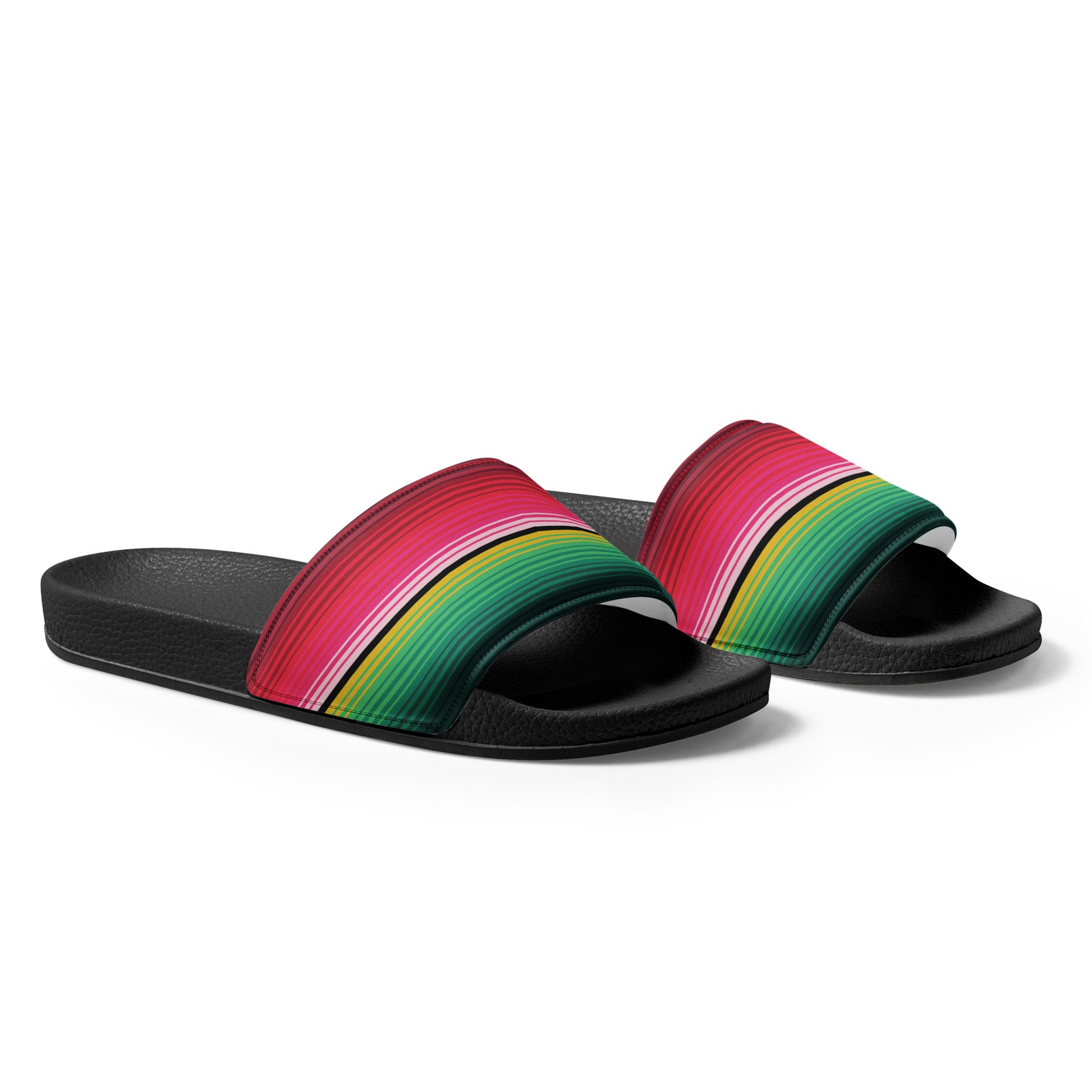 "Close-up of the serape pattern on durable faux leather sandals."